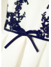 Ivory Satin Navy Blue Lace Cap Sleeves Knee Length Flower Girl Dress